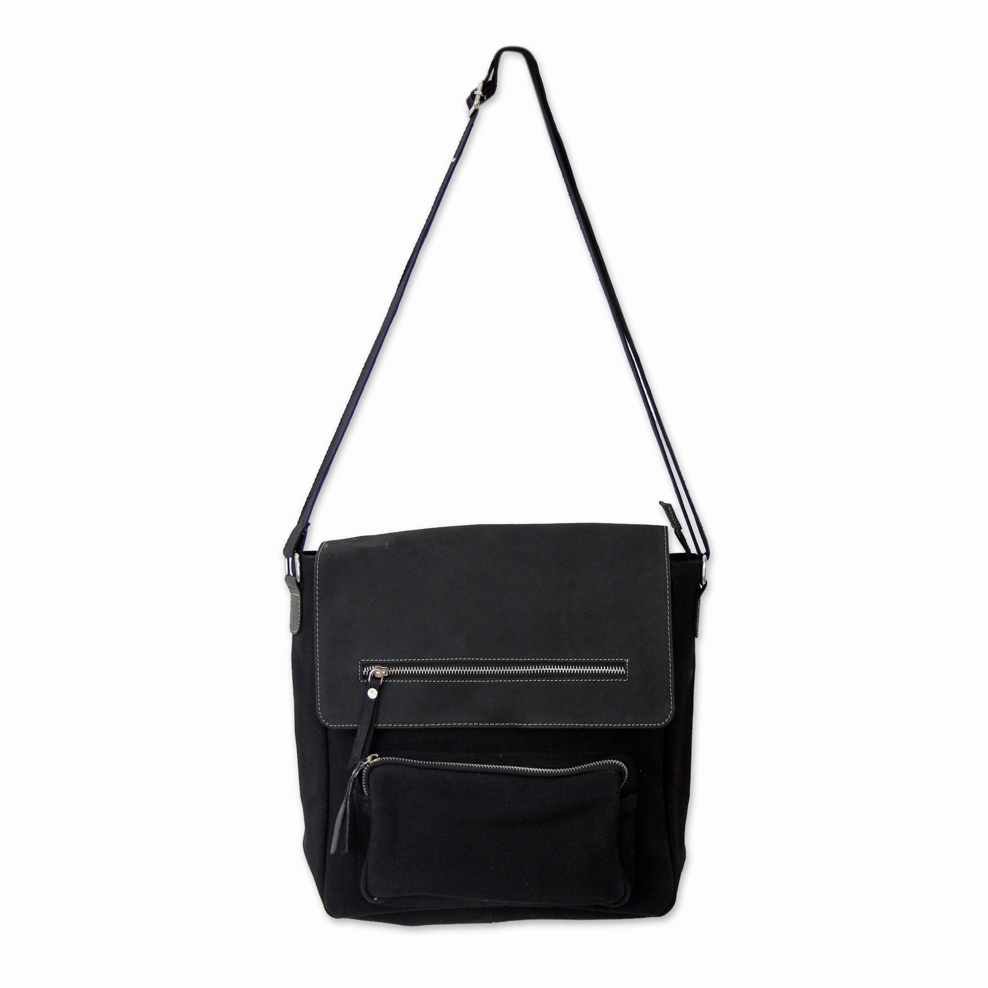 Handmade Leather Cotton 'Black Pockets Aplenty' Messenger Bag (India) - 12.25"x13.75"
