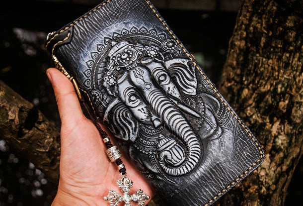 Handmade leather Geneisha biker wallet clutch zip long wallet black leather men phone