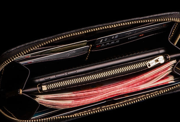 Handmade leather Geneisha biker wallet clutch zip long wallet black leather men phone