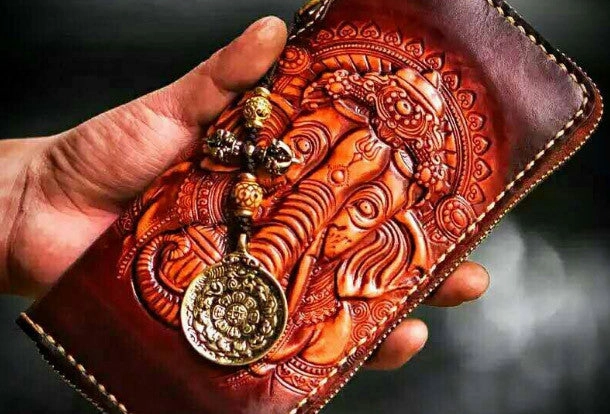 Handmade leather God Geneisha clutch zip long wallet brown leather men Tooled