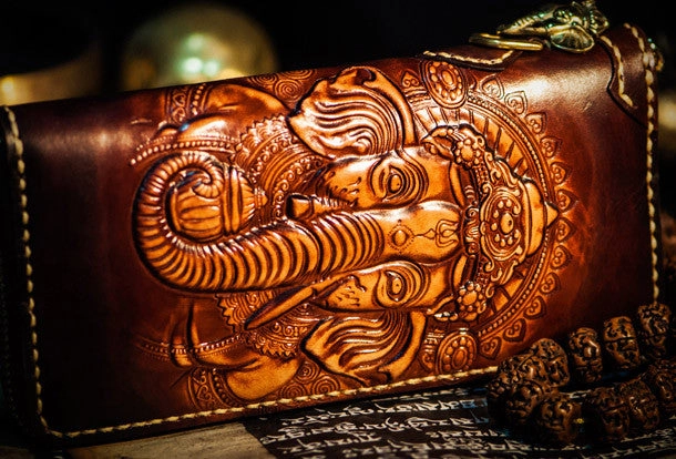 Handmade leather God Geneisha clutch zip long wallet brown leather men Tooled