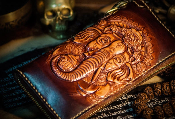 Handmade leather God Geneisha clutch zip long wallet brown leather men Tooled