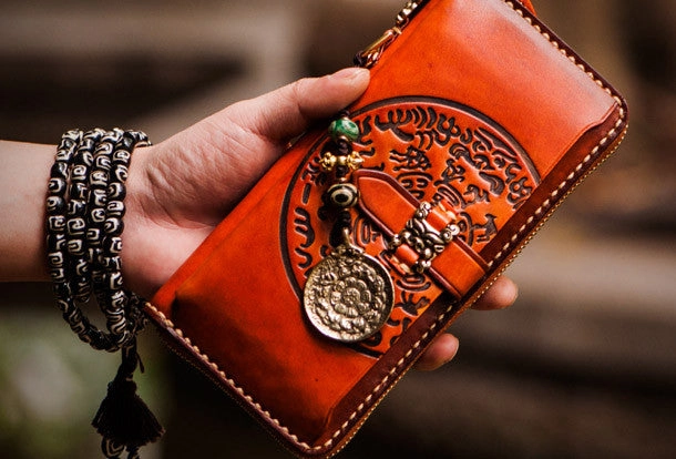 Handmade leather hieroglyph biker wallet clutch zip long wallet brown leather men phone