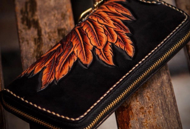 Handmade leather Indian Skull Chief biker wallet clutch zip long wallet brown leather men phone
