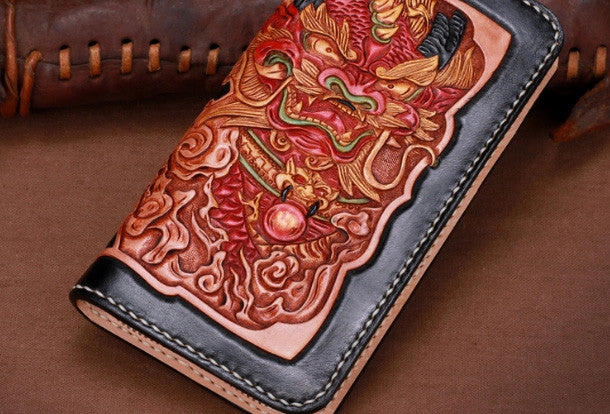 Handmade leather Long Black Chinese Lion wallet leather men zip clutch Tooled wallet
