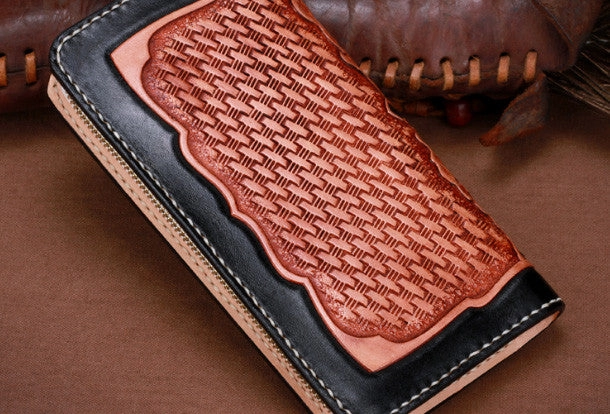 Handmade leather Long Black Chinese Lion wallet leather men zip clutch Tooled wallet
