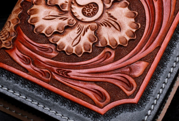 Handmade leather Long black floral wallet leather zip Men clutch Tooled wallet