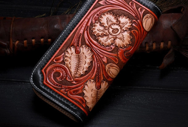 Handmade leather Long black floral wallet leather zip Men clutch Tooled wallet