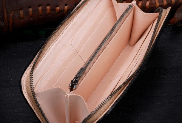 Handmade leather Long black skull wallet leather zipper Men clutch Tooled wallet