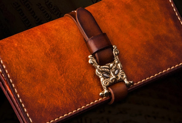 Handmade leather long clutch biker trucker chain wallet coffee brown leather men wallet