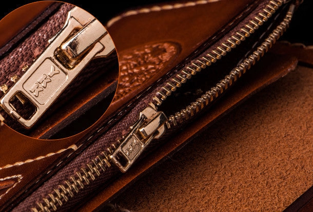 Handmade leather long clutch biker trucker chain wallet coffee brown leather men wallet