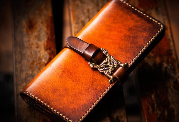 Handmade leather long clutch biker trucker chain wallet coffee brown leather men wallet
