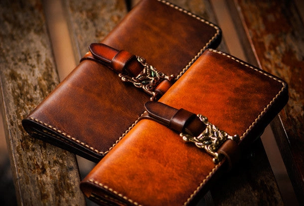 Handmade leather long clutch biker trucker chain wallet coffee brown leather men wallet