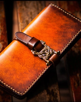 Handmade leather long clutch biker trucker chain wallet coffee brown leather men wallet