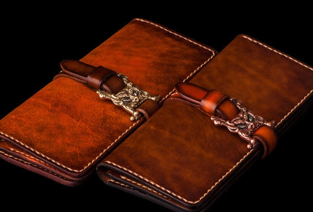 Handmade leather long clutch biker trucker chain wallet coffee brown leather men wallet