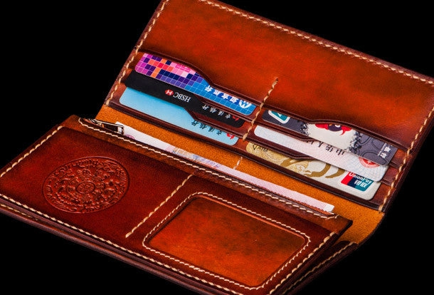 Handmade leather long clutch biker trucker chain wallet coffee brown leather men wallet