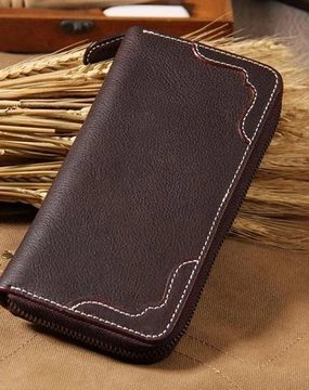 Handmade Leather Long Coffee Mens Clutch Wallet Vintage Zipper Wallet for Men