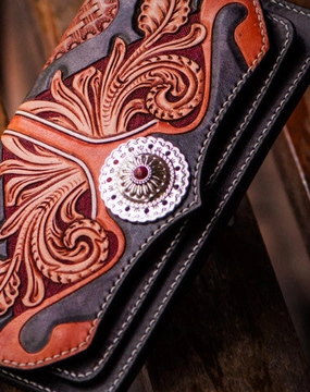 Handmade leather long tooled wallet Black floral men clutch wallet