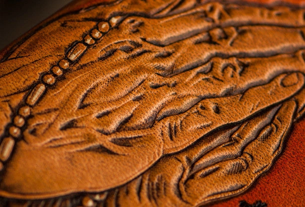 Handmade leather long tooled wallet Brown Buddha prayer men clutch wallet
