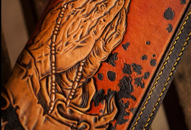 Handmade leather long tooled wallet Brown Buddha prayer men clutch wallet