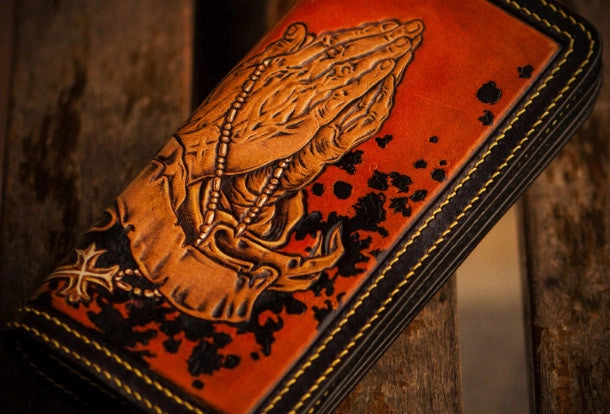 Handmade leather long tooled wallet Brown Buddha prayer men clutch wallet