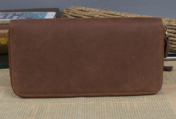 Handmade leather long wallet Vintage bifold brown zip wallet clutch purse For Men