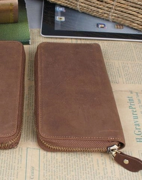 Handmade leather long wallet Vintage bifold brown zip wallet clutch purse For Men