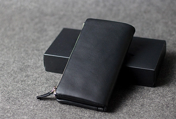 Handmade leather men clutch black vintage zip clutch men long wallet purse clutch