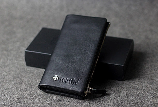 Handmade leather men clutch black vintage zip clutch men long wallet purse clutch