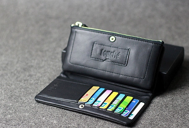 Handmade leather men clutch black vintage zip clutch men long wallet purse clutch
