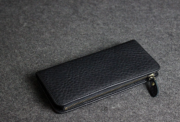 Handmade leather men clutch black vintage zip multi cards long wallet purse clutch