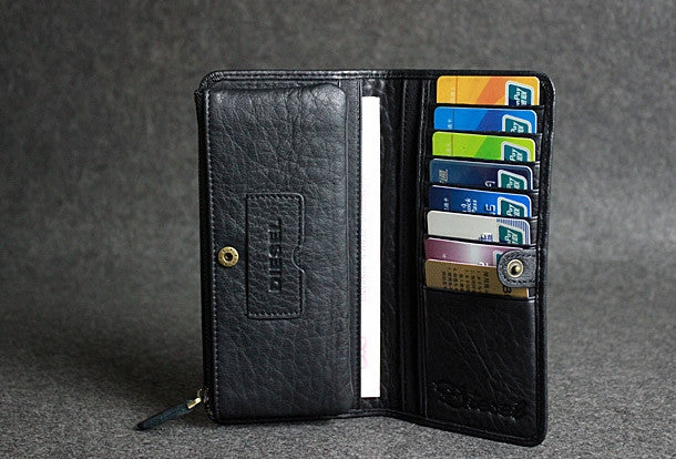 Handmade leather men clutch black vintage zip multi cards long wallet purse clutch
