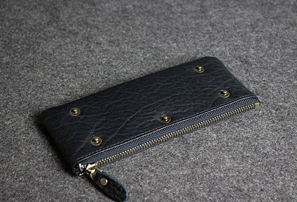 Handmade leather men clutch black vintage zip multi cards long wallet purse clutch