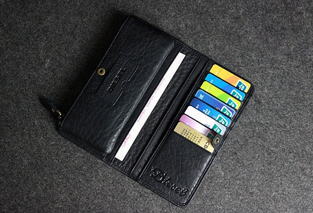 Handmade leather men clutch black vintage zip multi cards long wallet purse clutch