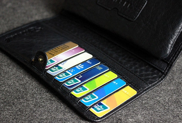 Handmade leather men clutch black vintage zip multi cards long wallet purse clutch