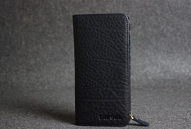Handmade leather men clutch black vintage zip multi cards long wallet purse clutch