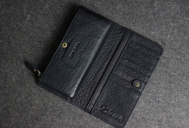 Handmade leather men clutch black vintage zip multi cards long wallet purse clutch