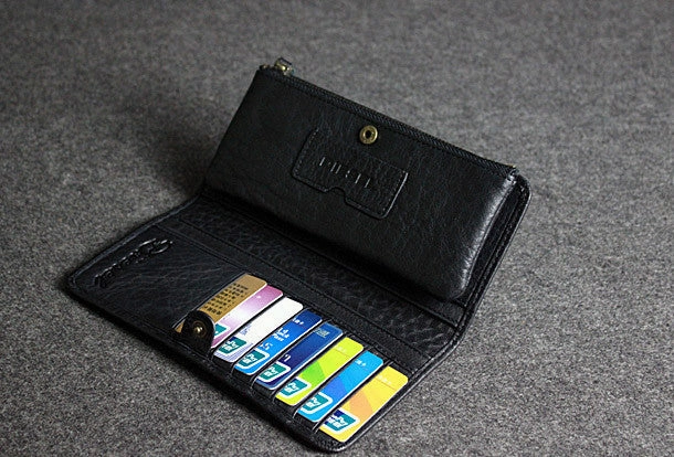 Handmade leather men clutch black vintage zip multi cards long wallet purse clutch