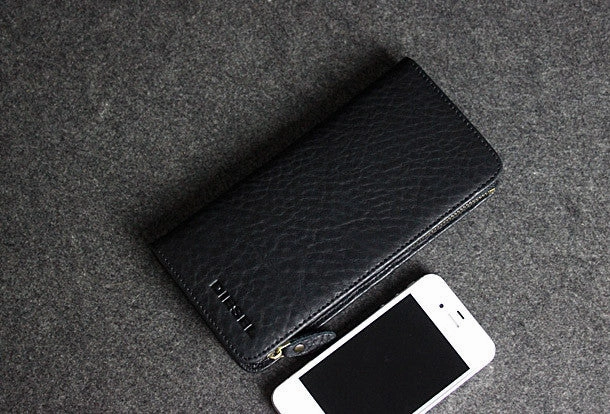 Handmade leather men clutch black vintage zip multi cards long wallet purse clutch