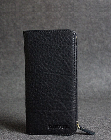 Handmade leather men clutch black vintage zip multi cards long wallet purse clutch