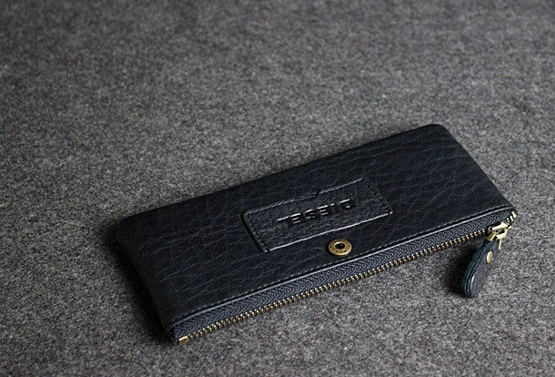 Handmade leather men clutch black vintage zip multi cards long wallet purse clutch