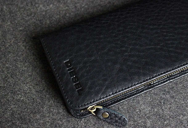 Handmade leather men clutch black vintage zip multi cards long wallet purse clutch