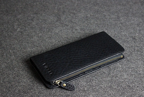 Handmade leather men clutch black vintage zip multi cards long wallet purse clutch