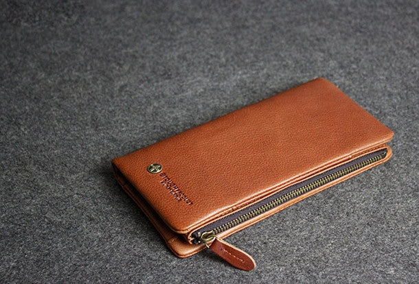 Handmade leather men clutch brown vintage zip clutch men long wallet purse clutch