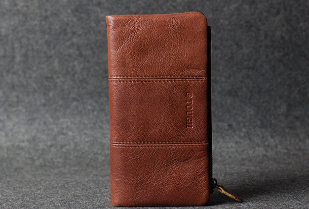 Handmade leather men clutch brown vintage zip clutch men long wallet purse clutch