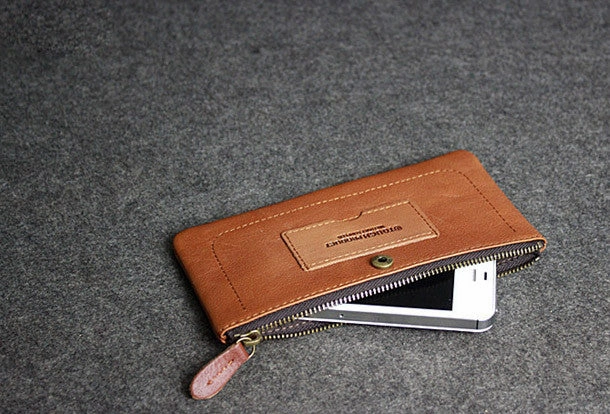Handmade leather men clutch brown vintage zip clutch men long wallet purse clutch