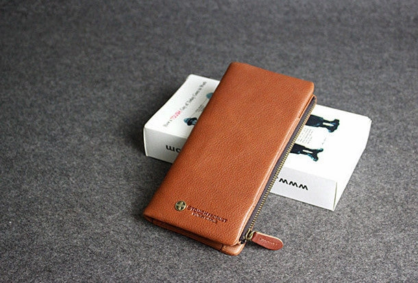 Handmade leather men clutch brown vintage zip clutch men long wallet purse clutch