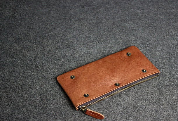 Handmade leather men clutch brown vintage zip clutch men long wallet purse clutch