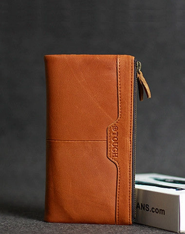 Handmade leather men clutch brown vintage zip clutch men long wallet purse clutch