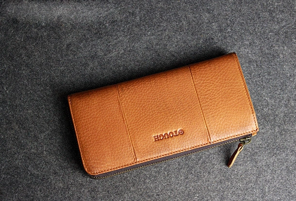 Handmade leather men clutch brown vintage zip clutch men long wallet purse clutch